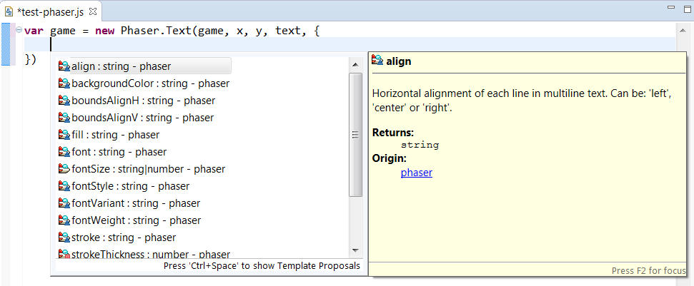 Phaser Object Literal Completion